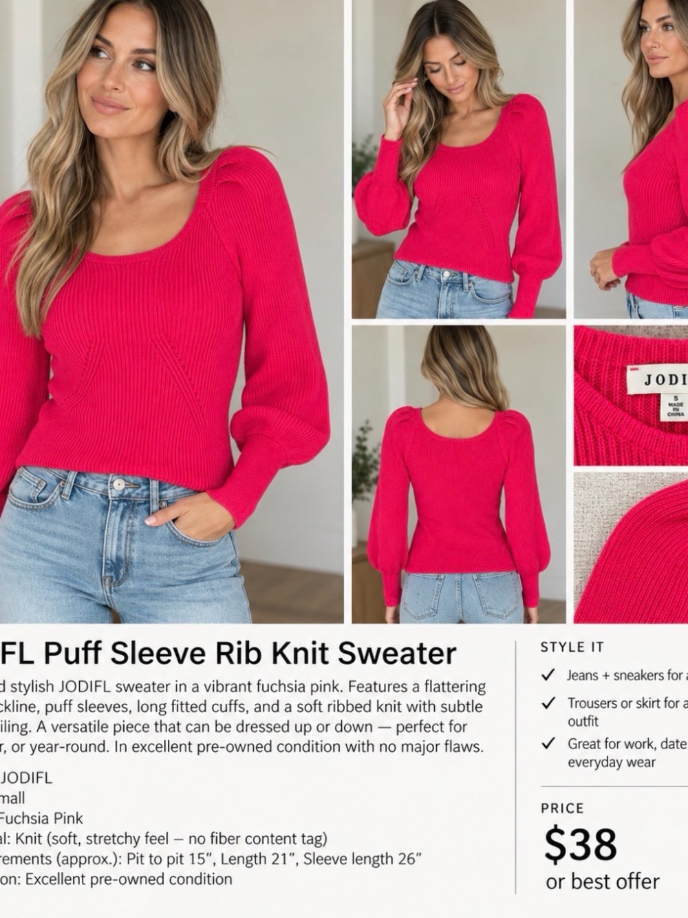 JODIFL Vibrant Fuchsia Scoop Neck Puff Sleeve Sweater, size Small